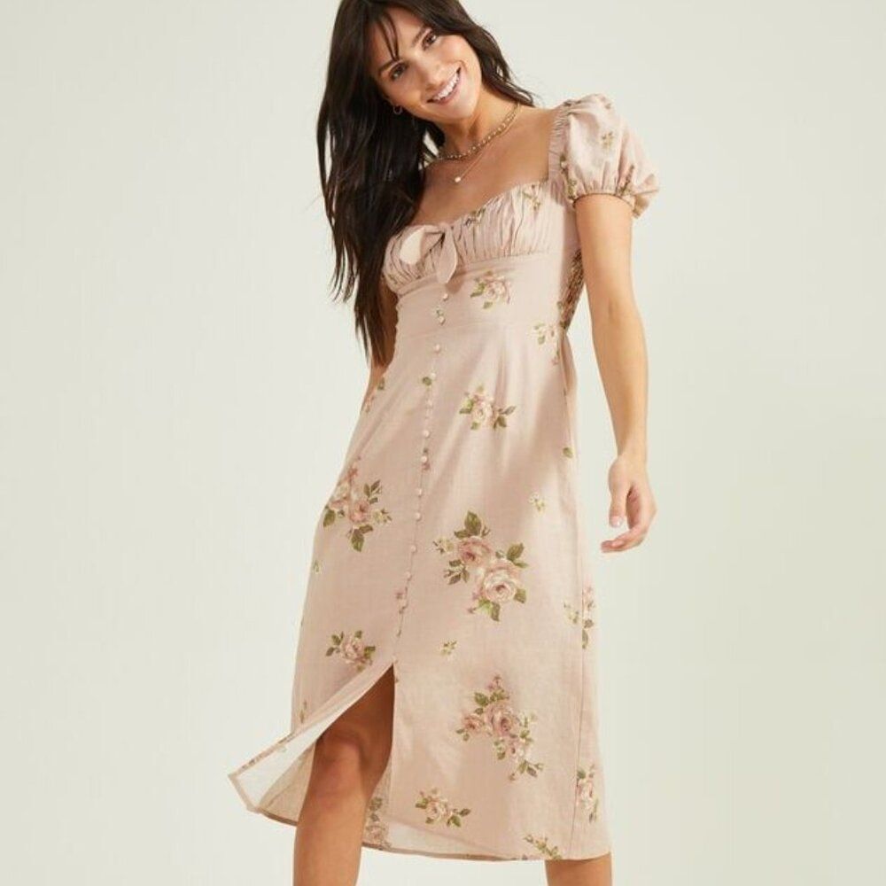 Altar’d State Alexis Floral Linen Midi Dress Mocha White Size Large Milkmaid